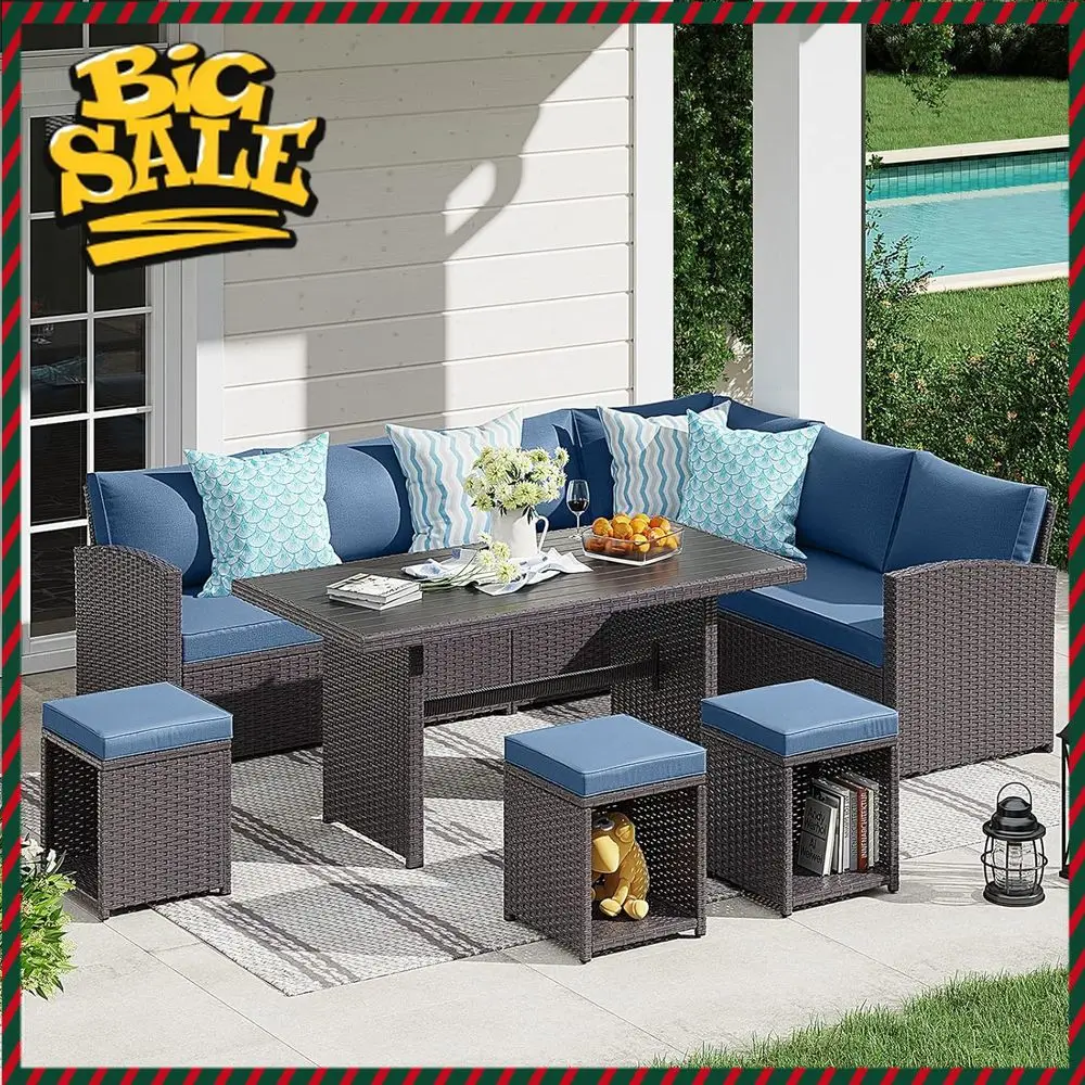 

7-Piece All-Weather Wicker Outdoor Dining Set with Sectional Sofa, Aegean BlueLimited time