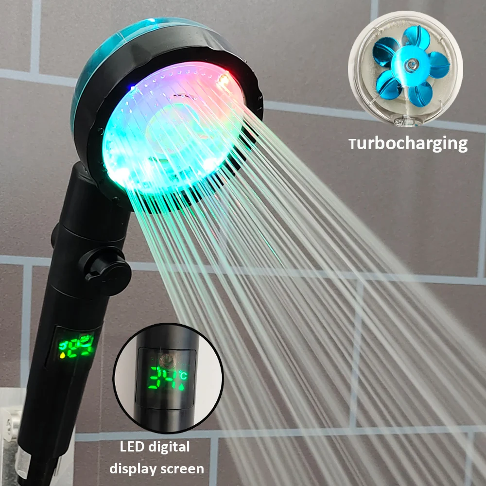 Bathroom LED Shower Head With Stop Button Digital Temperature Display Screen Propeller High Pressure Water Saving Shower Head