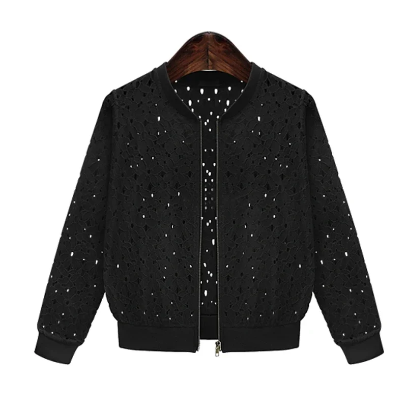 

Женская куртка-бомбер с кружевными вставками, новинка, однотонная, с воротником-стойкой, верхняя одежда