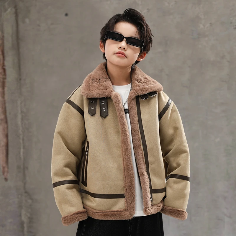 

Boys Cotton Jacket Children Windbreak Leather Outerwear Kids Thicken Warm Cotton Coats Lapel Zipper Soft 2025 Winter New