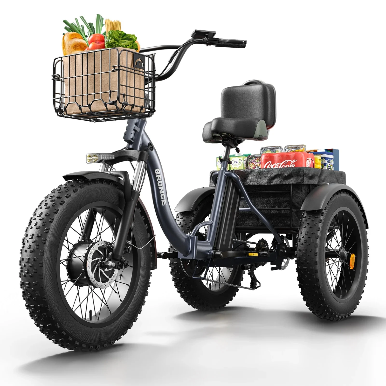 

Электрический трицикл QRONGE Lava для взрослых, 960 Вт (пиковая мощность), аккумулятор 36В 15Ач, электровелосипед с широкими шинами 20"*4", складной электротрайк с большой корзиной