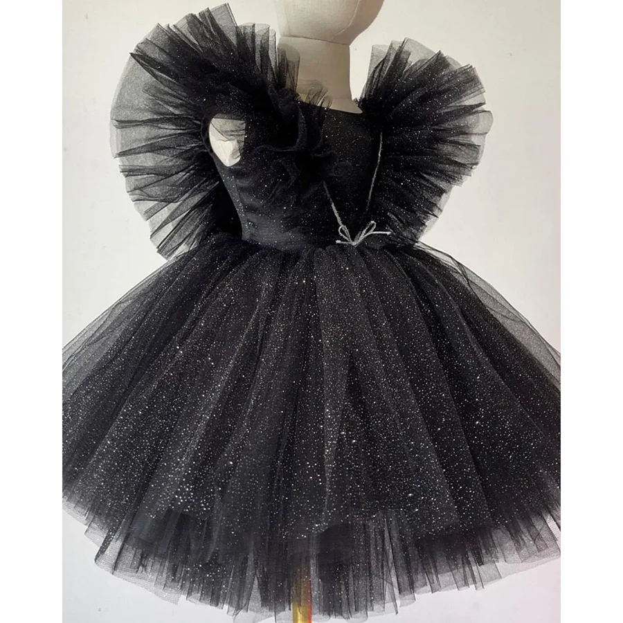 Customized Shiny Black Flower Girl Dress Party Kids Birthday Princess Lace Fluffy Short Tulle Pleat Dresses 2024 Bow Ball Gown