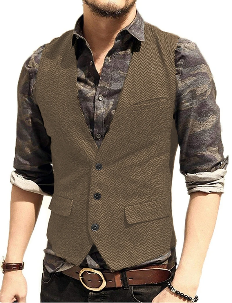 Deep V-Neck Suit Vests Classical Formal Business Herringbone Wood Waistcoat Slim Fit Men's Vest For Wedding