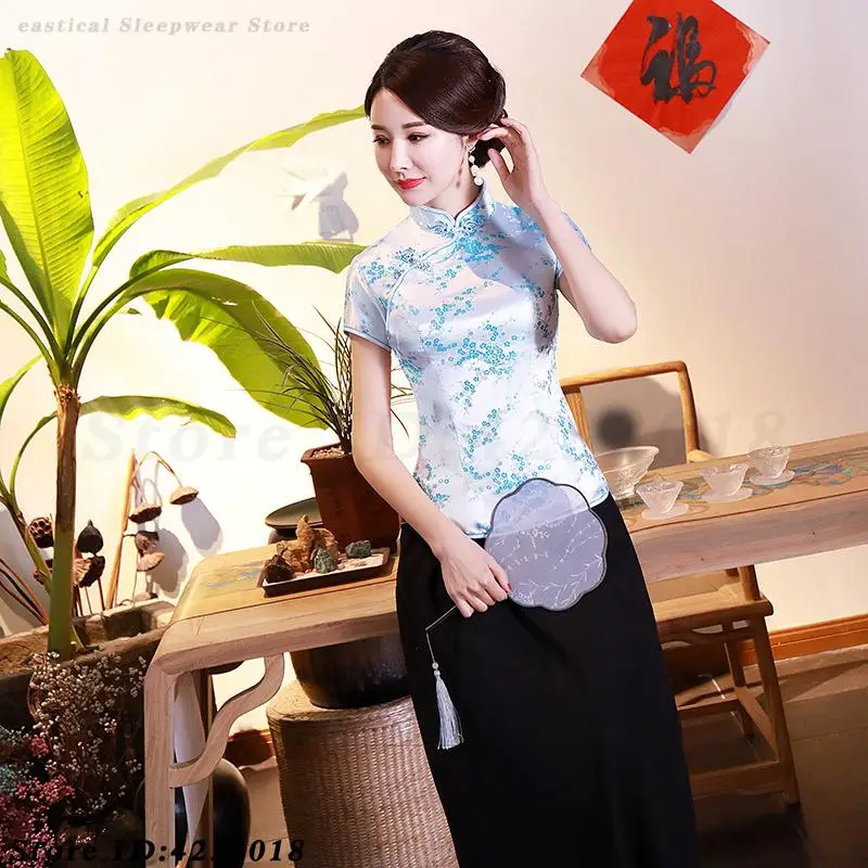 Traditionele Tang Kleding Dame Slanke Qipao Tops Vintage Mandarijn Kraag Shirt Chinese Stijl Satijnen Blouse Plus Size 4XL Cheongsam