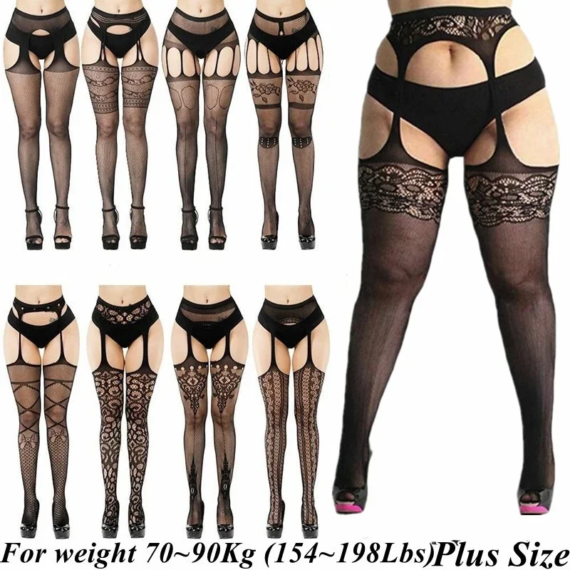 

Women Sexy Black Plus Size Tights Over Size Knee Thigh High Fishnet Stockings Large Size See Through Mesh Pantyhose Leggings XXL