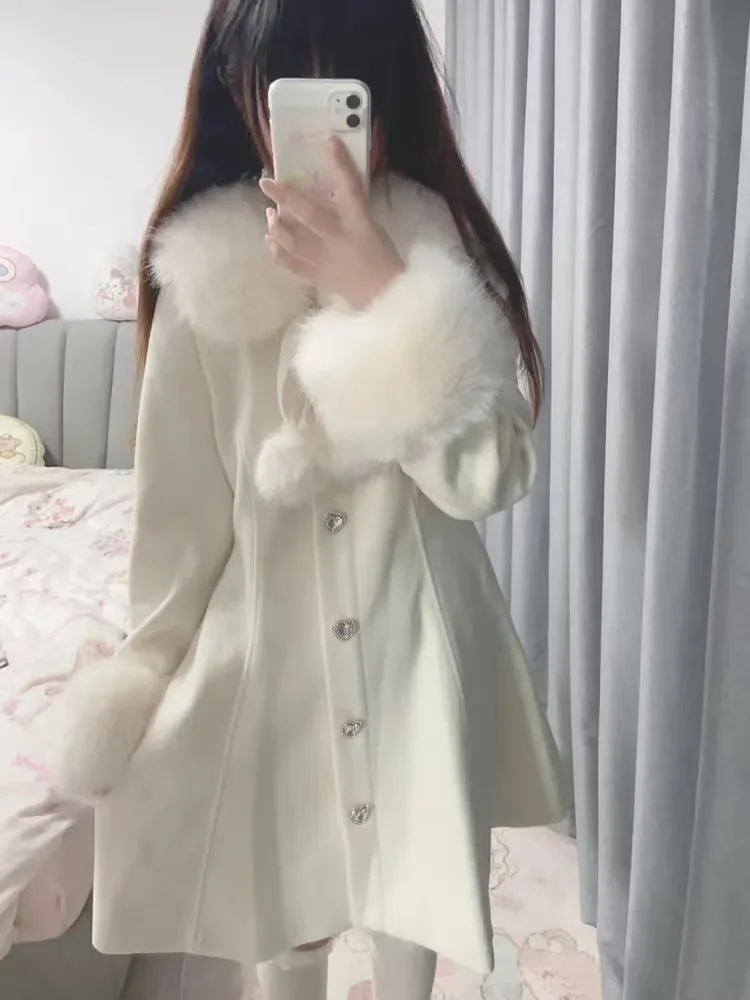 Japanische elegante süße Lolita Wollmäntel Pelzkragen Schleife einreihig langärmelige A-Linie lange Wolljacke Mantel Frauen Winter