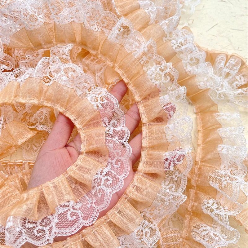 10Yards Double Layer Pleated Lace Trim Ribbon Ruffle Embroidered Collar Sewing Clothing Splicing Material Wedding Dress Decor