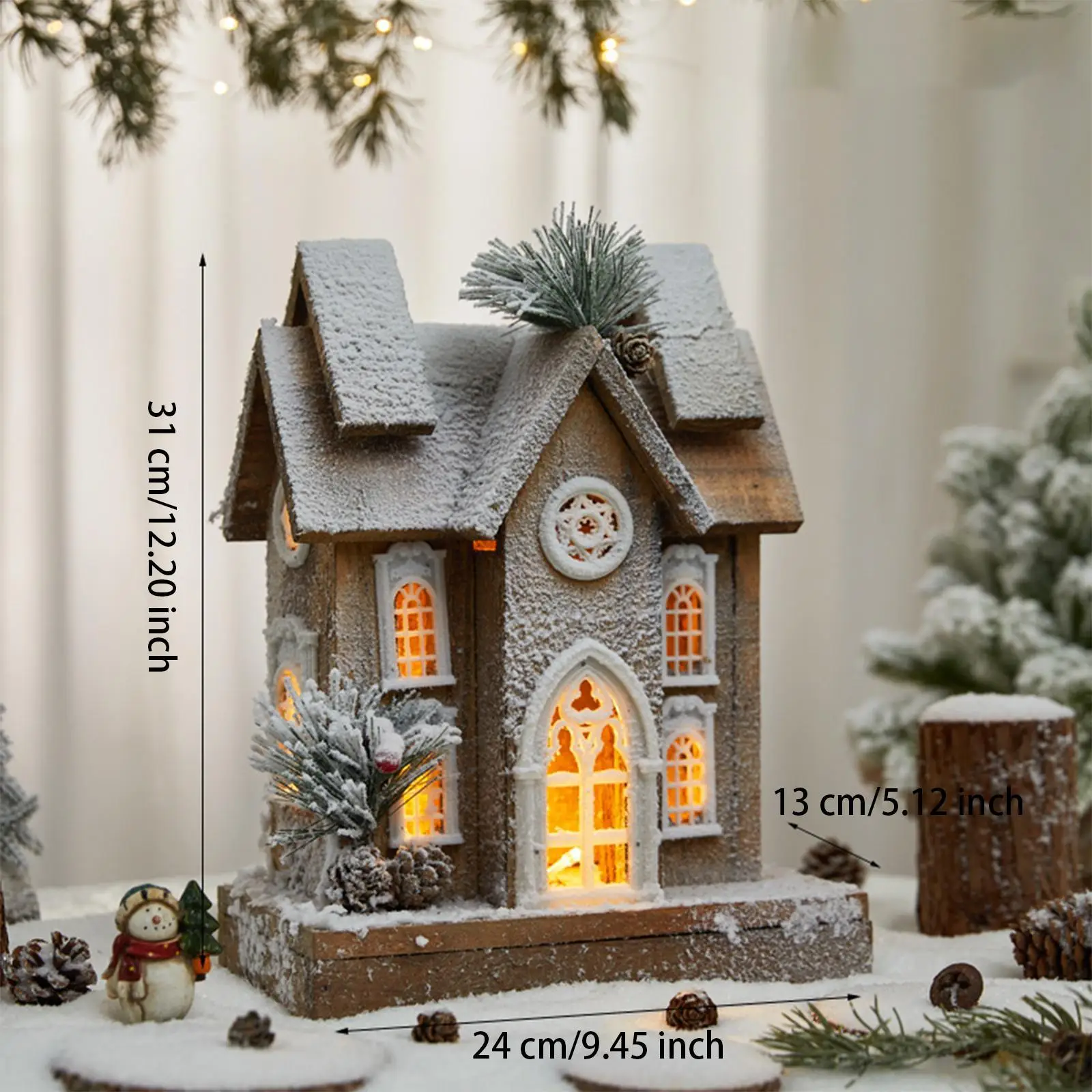 Wooden Christmas Snow House Model with Light 9.4x5x12.2inch for Shop Window