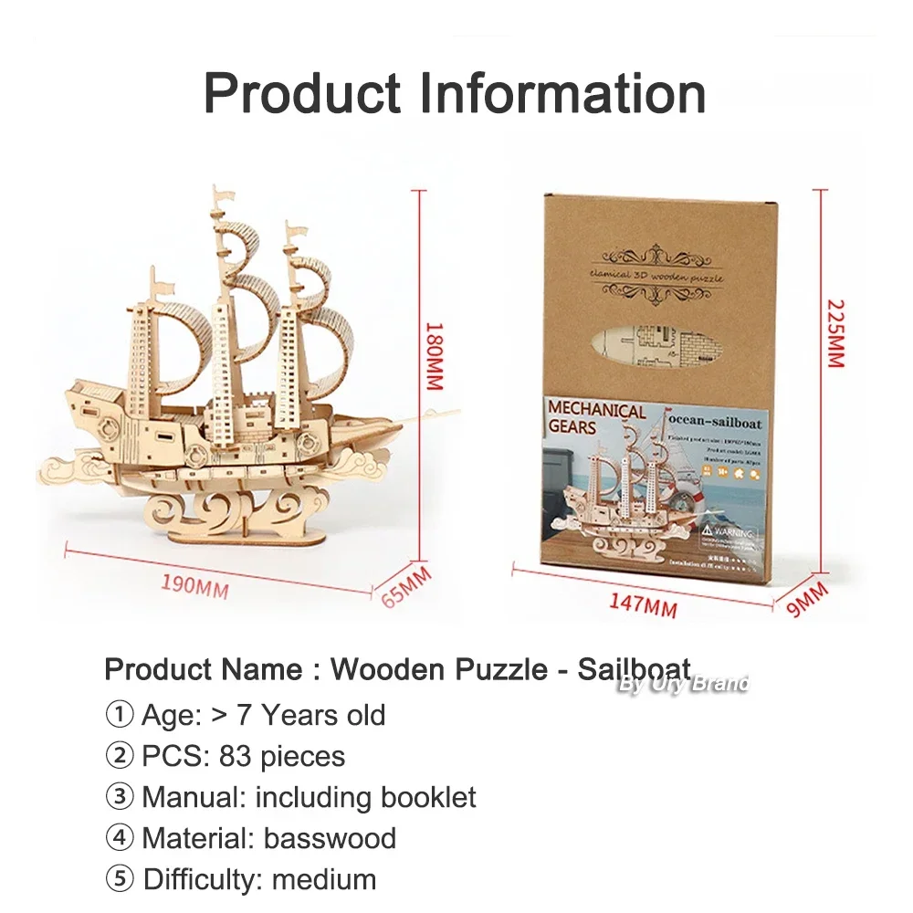 URY DIY 3D Wooden Puzzle Retro Style Sailboat Shipping Model Kits Toys Handmade Set Home Desktop Decoration Christmas Gifts