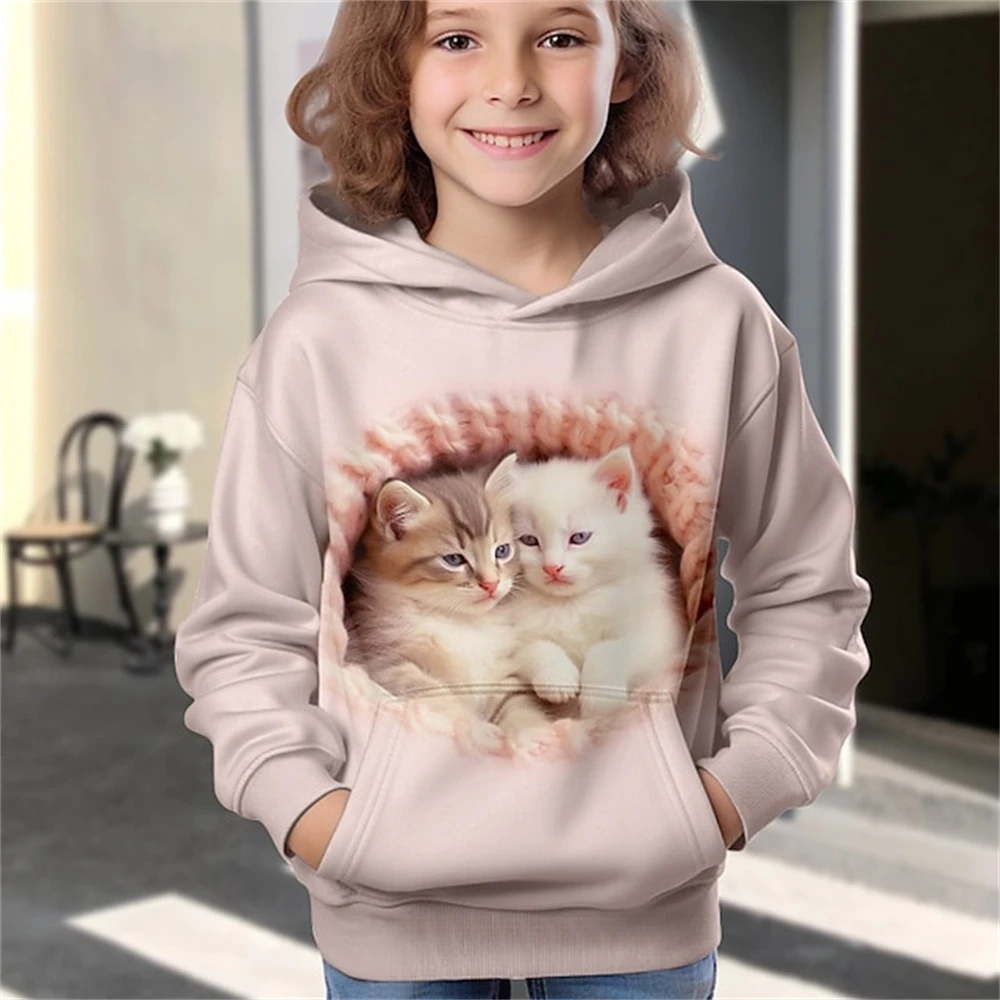 

Children Boys Girls Hoodie Tops Cat Print Spring Autumn Print Sweatshirt Toddler 3-12 Year Leisure Outdoor Clothes Coat Clothing