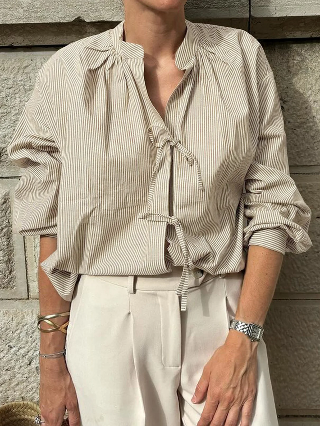 

Women's Shirt Summer Classic Color Blocked Striped Print Elegant Casual Daily Versatile Round Neck Lace Up Front Loose Shirt