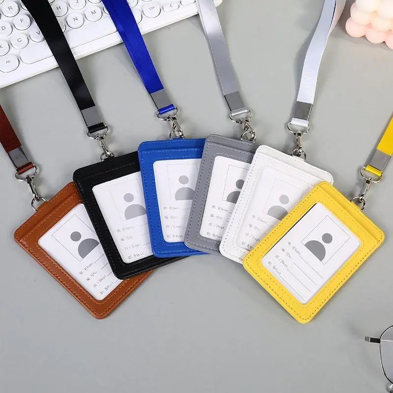 Hot PU Leather ID Badge Card Holder With Neck Lanyard Vertical Horizontal Work Name Tag Sleeve For Office Employee School