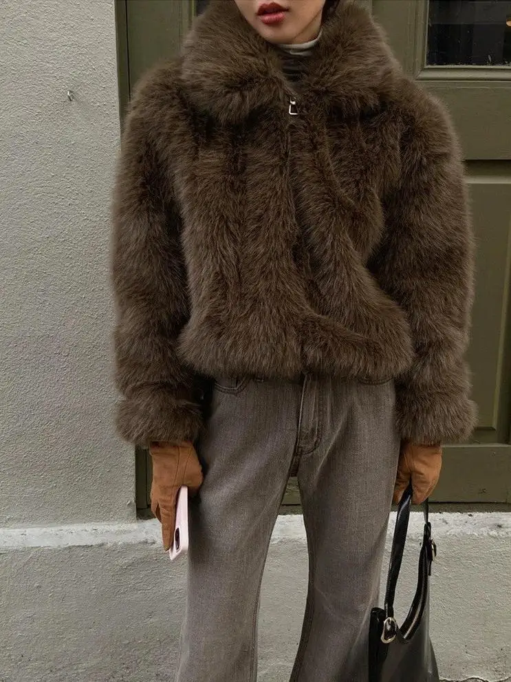 Ele معطف فرو فاخر للنساء ort Sle طويل Sve سحاب إغلاق صديق للبيئة Faionable Age-Defng ملابس خارجية شتوية