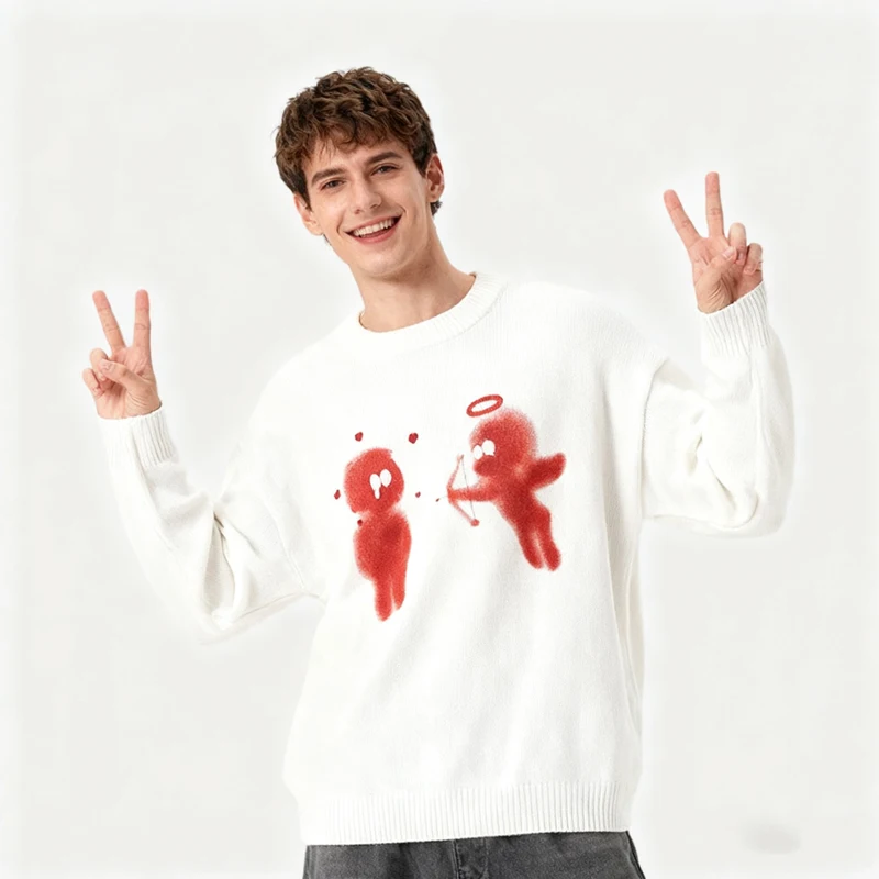 

Large white knitted sweater with red Cupid pattern print, warm and unisex avant-garde streetwear aesthetic sweater