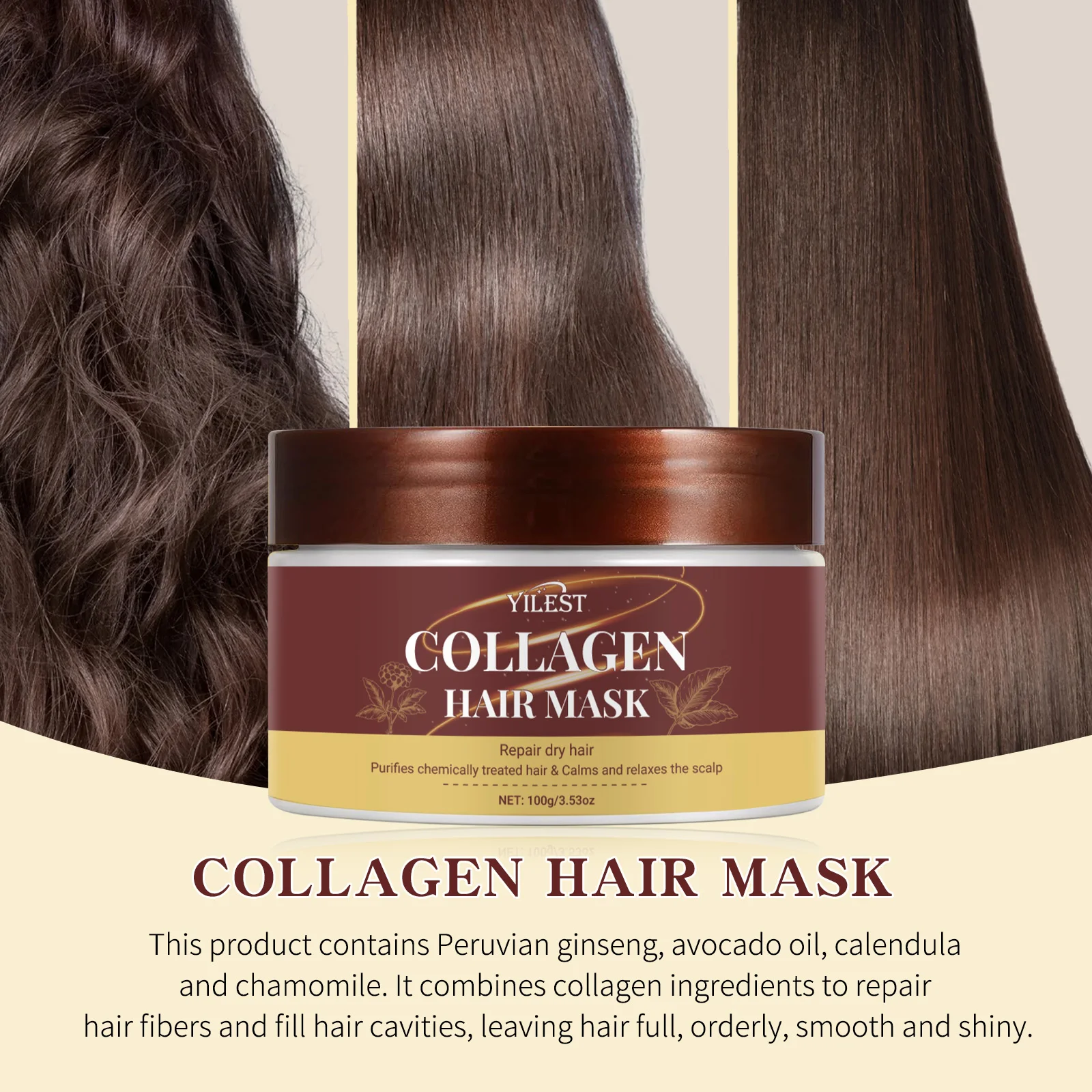 

YILEST Collagen Hair Mask 100g Deep Repair & Nourish Suitable for Dry/Damaged Hair Soothes Scalp Adds Shine & Strength