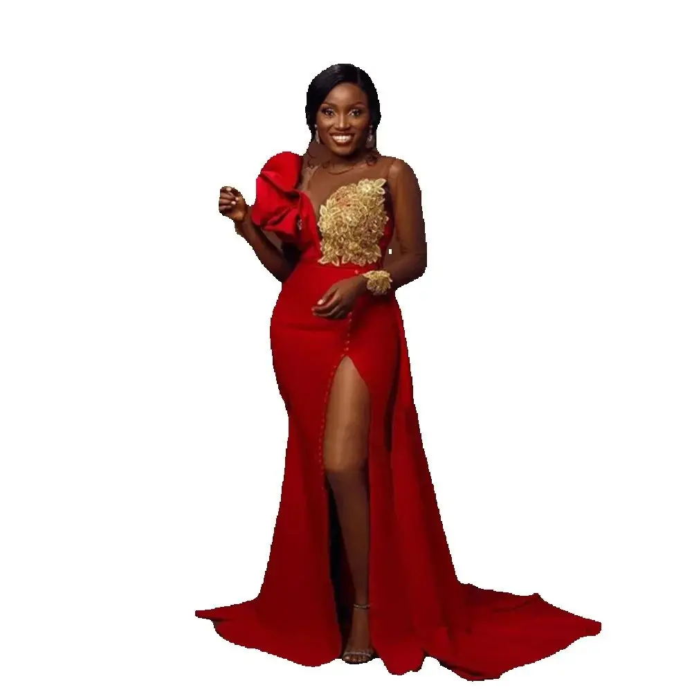 Elegant Red Christmas Women Prom Dresses Sweetheart Floor Length High Side Split Slim Fit Golden Flowers Female Party Gowns