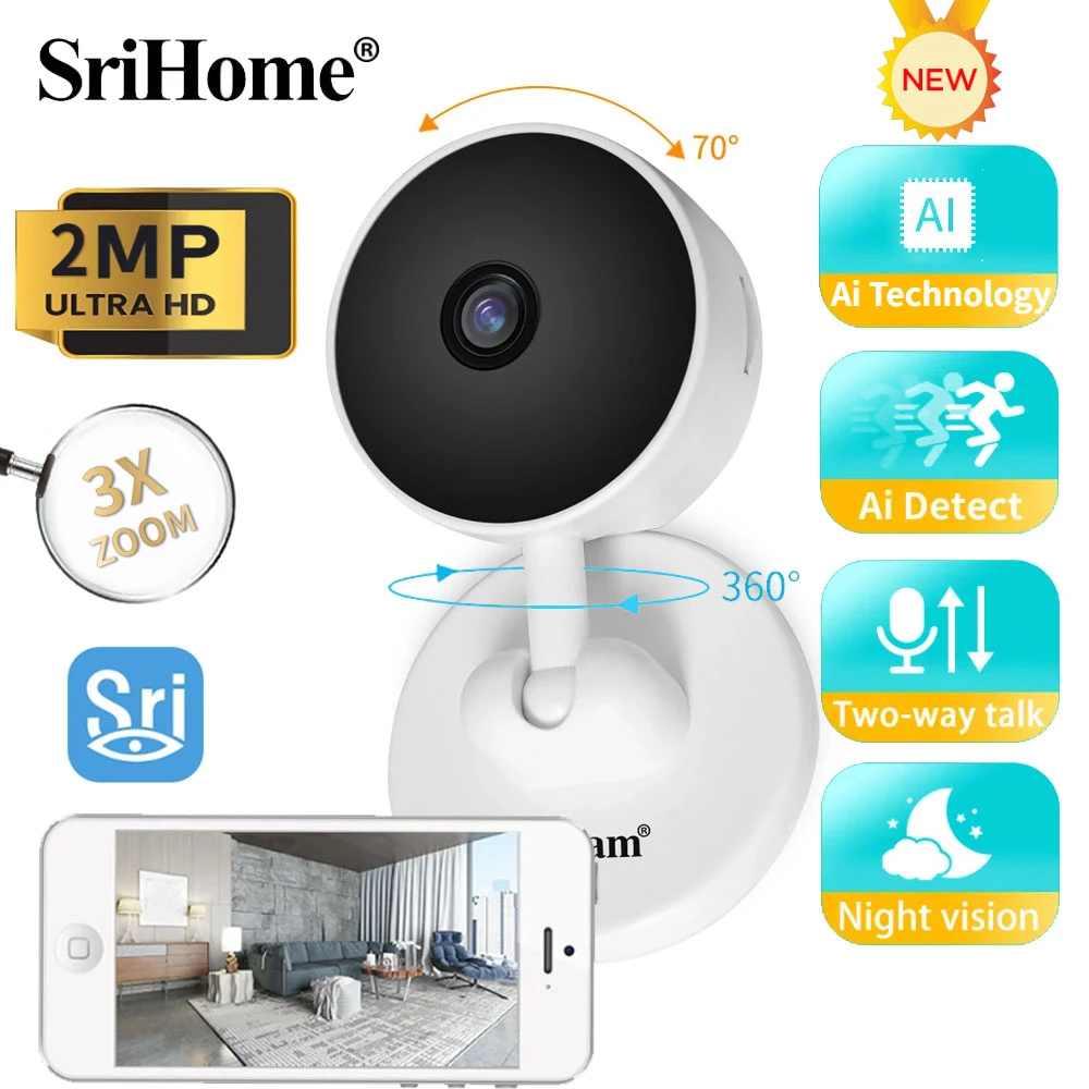 Srihome SP027 2MP Indoor IP Camera WIFI AI Human Motion Detection Baby Monitor Wireless Alarm Push Home Security CCTV Camera