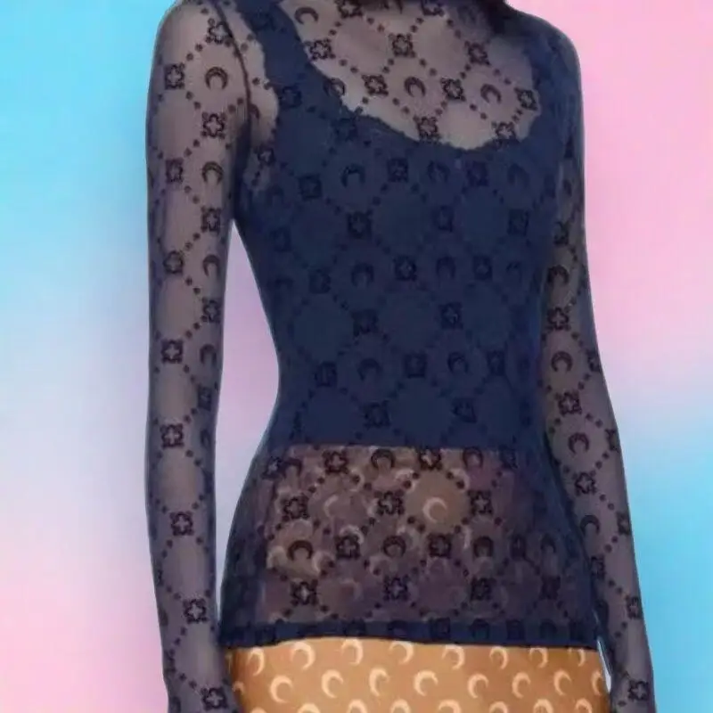 المرأة تي شيرت طويل الأكمام الجوف خارج شبكة أعلى الربيع أزياء شارع العليا حار فتاة الرجعية الكلاسيكية تصميم حافة الفطر #3