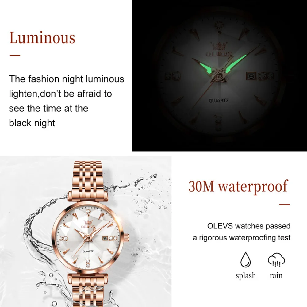 ساعات نسائية جميلة ماركة OLEVS بمرآة بريزم مقاومة للماء كوارتز عصرية لساعة يد للسيدات ذات تاريخ أصلي وردي #5