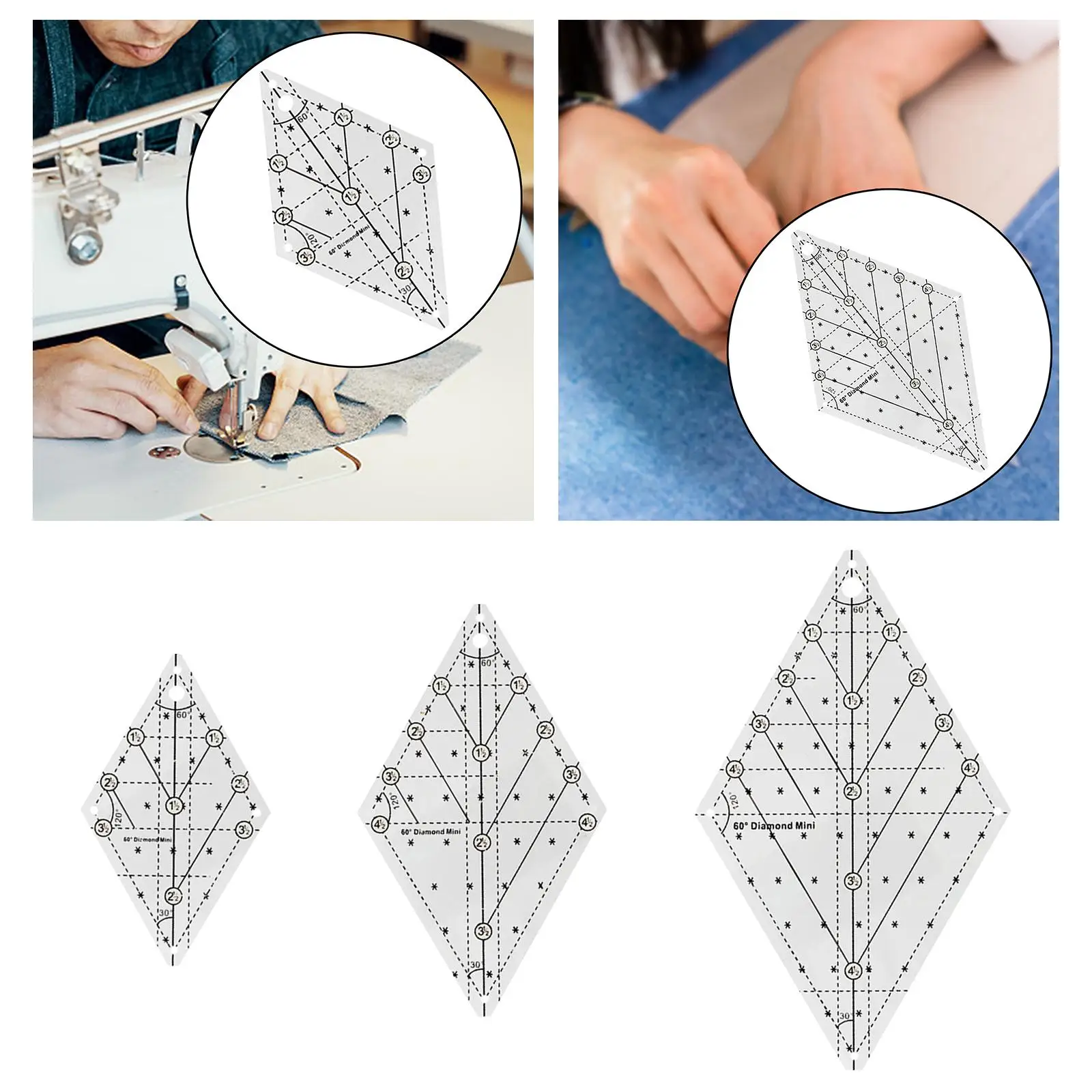 60 Degree Diamond Quilting Template Patchwork Sewing Ruler Multifunctional Template Sampler for DIY Quilting Sewing Accessories