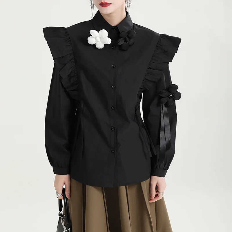 2024 new three-dimensional small flower lotus edge design shirt women's lapel draw rope to show thin white top