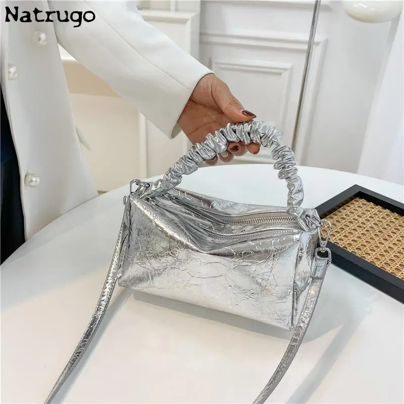 Women\'s Handbags Laser Silver Clutch Metallic Pleated Shoulder Bags For Women 2024 Luxury Ladies Single Shoulder Crossbody Bag