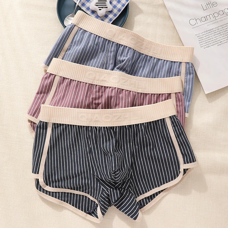 Neu eingetroffen: Herren-Boxershorts aus 100 % Baumwolle, gestreift, mittelhoher Bund, atmungsaktiv, sportlicher Stil, Übergröße, Herren-Studenten-Boxershorts