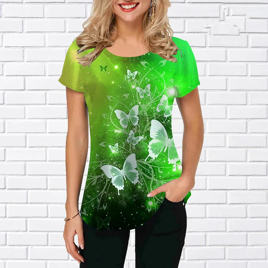 فراشة نمط موضة النساء تي شيرت الصيف قصيرة الأكمام ثلاثية الأبعاد مطبوعة الشارع الهيب هوب السيدات تي شيرت 3XL حجم كبير بلايز عادية