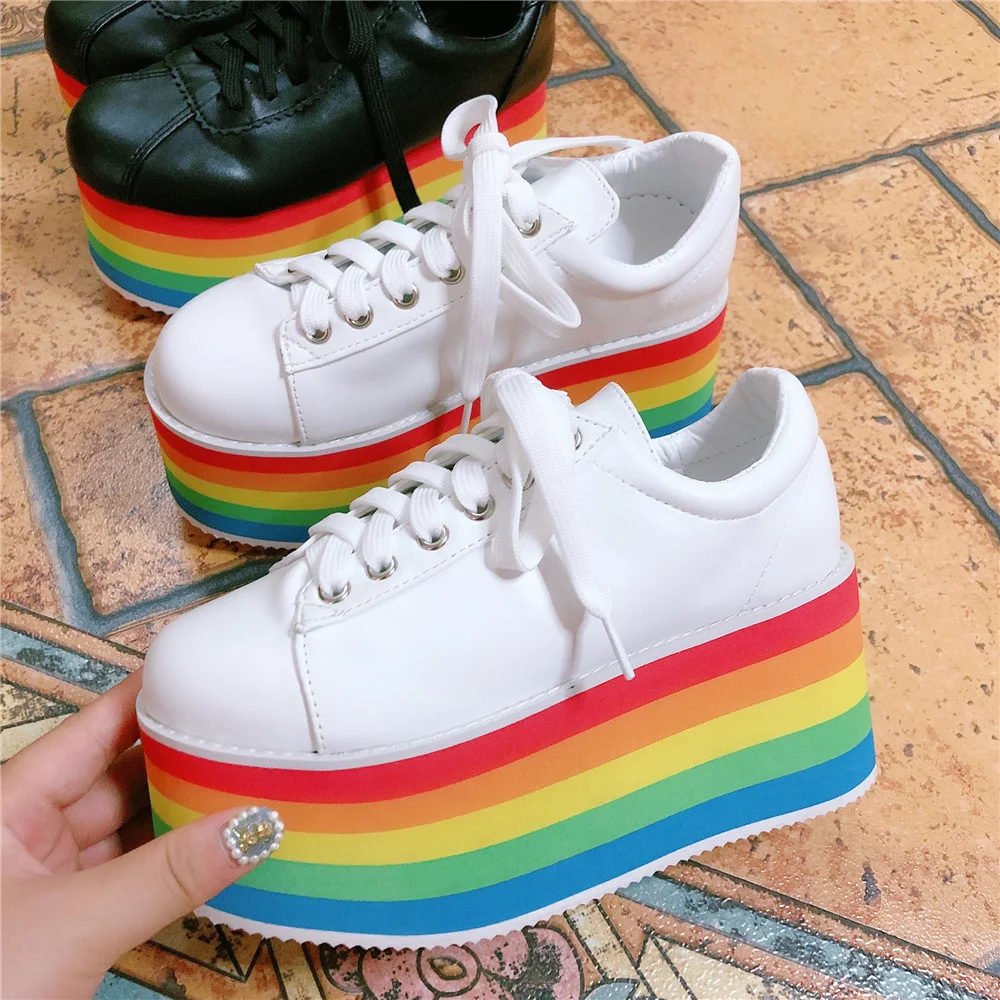 

Womens Platform Rainbow Colors High Heel Sneakers Lace Up Muffin Sport Shoes Round Toe British Styles