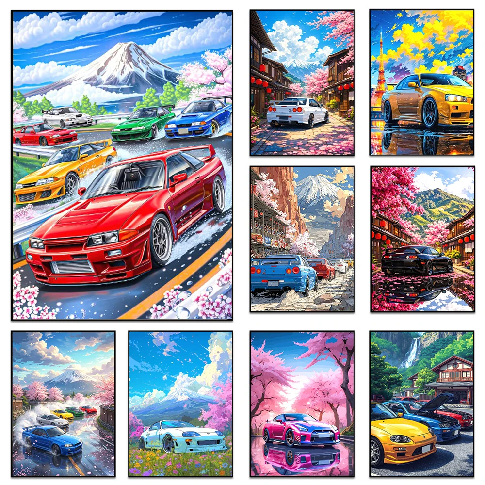 Anime Supercar Poster Japanese Wall Art Retro 90s Street Racing Car Canvas Painting Japan Sakura & Mount Fuji Landscape Print