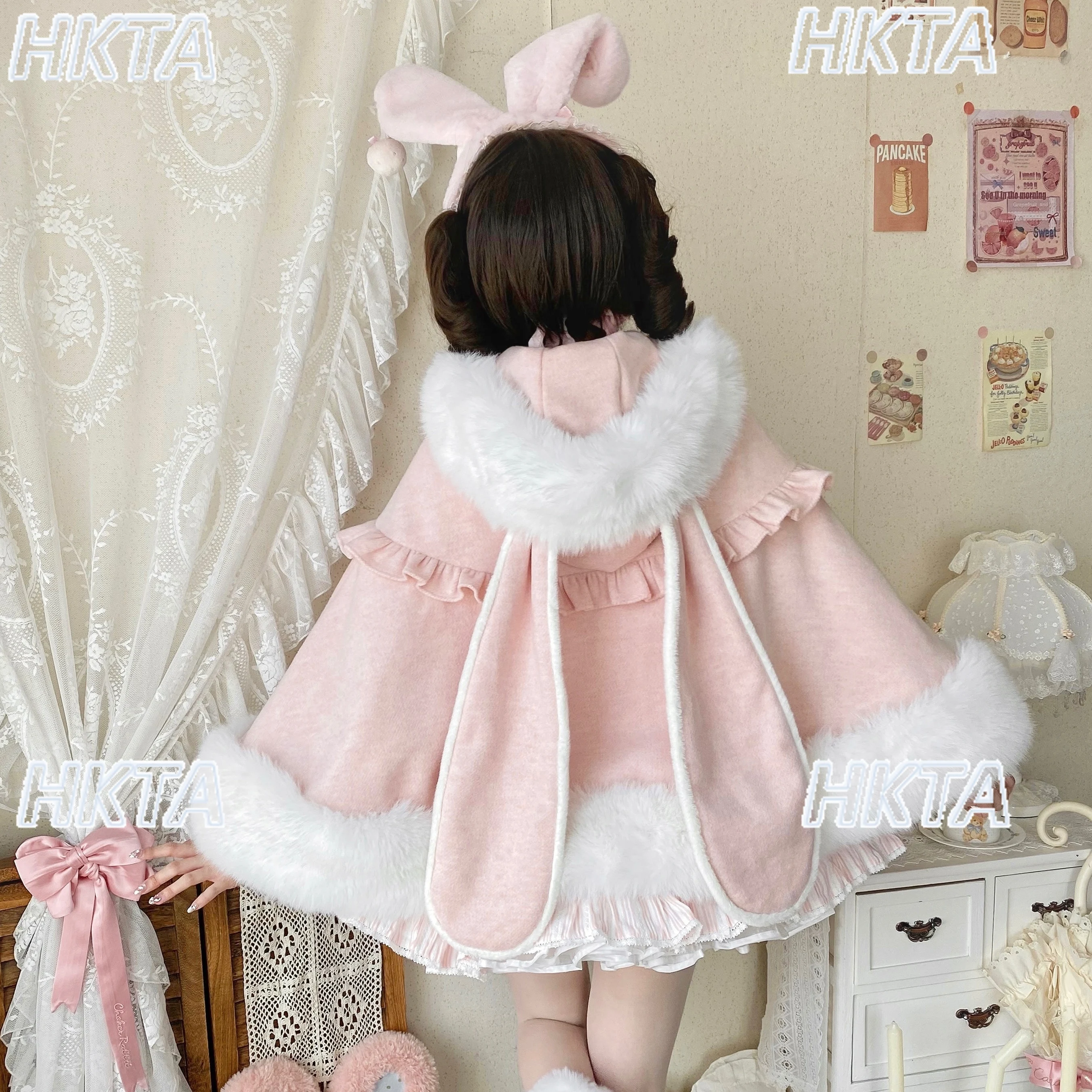

Original Lolita Woolen Coat Sweet Cute Rabbit Ear Cape Jacket Winter New Style with Pockets Hooded Thickened Warm Capes Coat