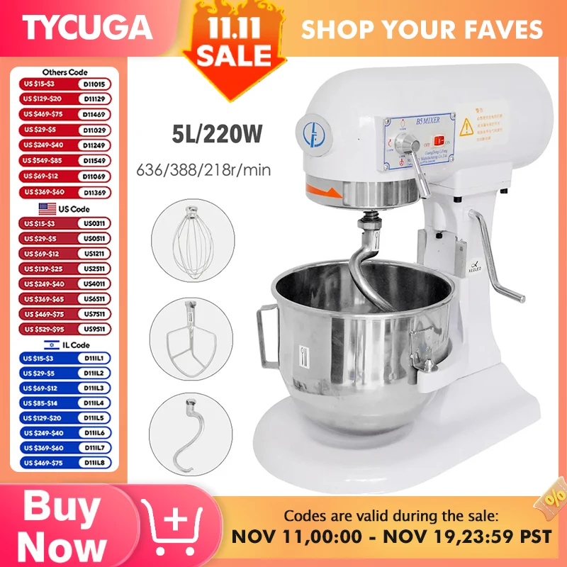 5L Stand Mixer With Hook Processador Electric Egg Beater Stainless Steel Dough Cake Cream Food Chef Machine Commercial Baking