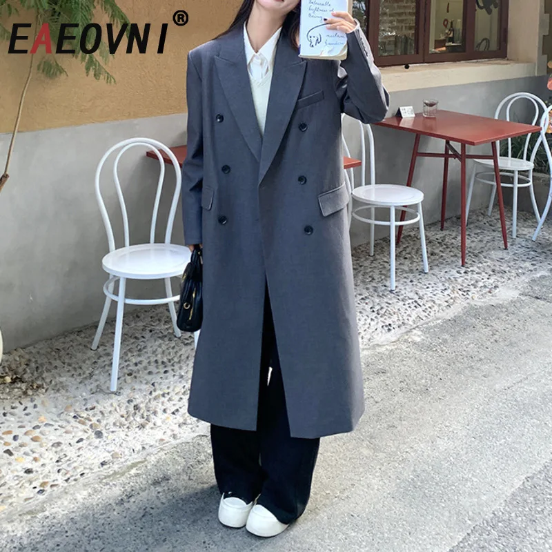 

EAEOVNI Gray Office Lady Long Blazer Coat Women Fashion Notched Collar Double Button Temperament Jacket Fashion 2025 Autumn New