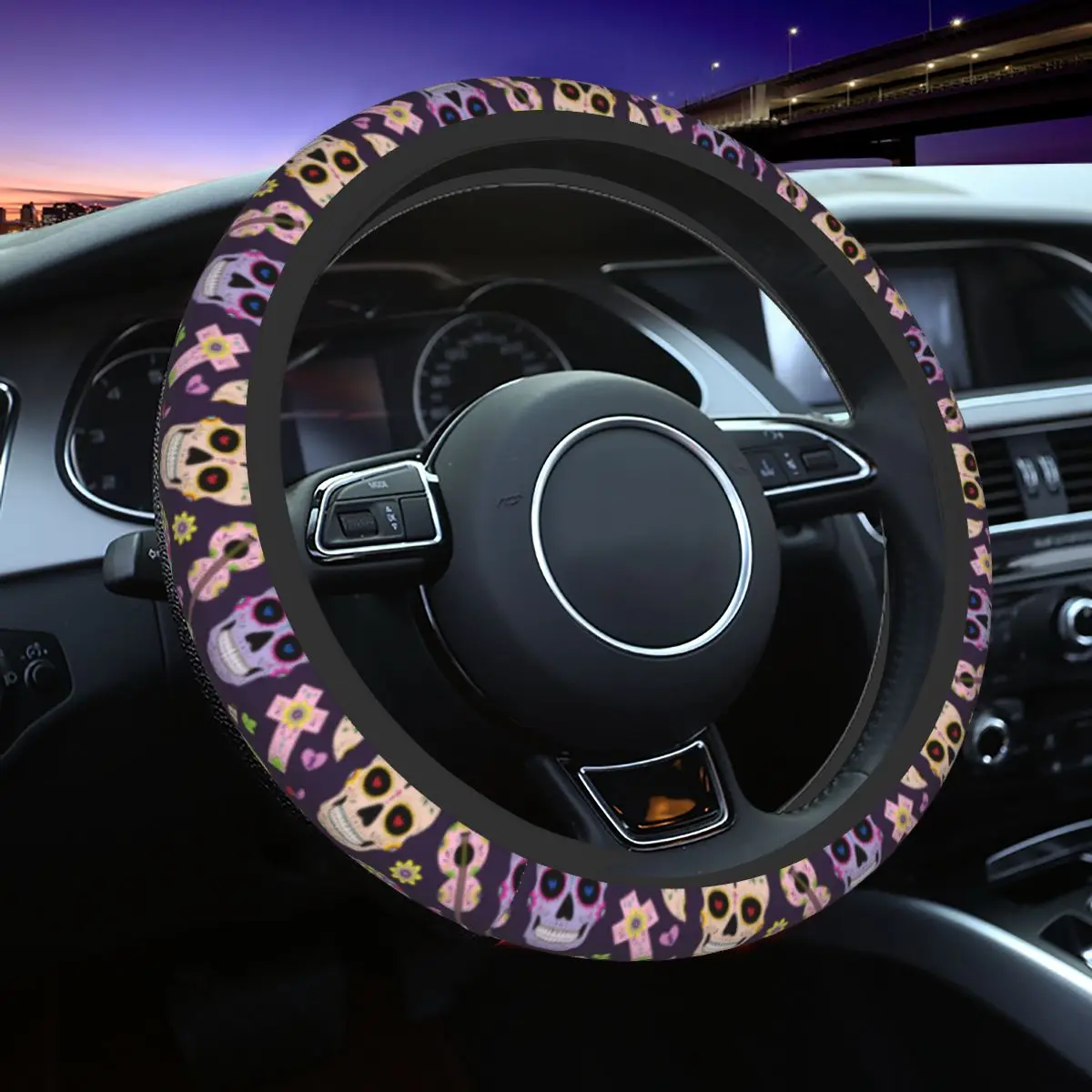 38cm Car Steering Wheel Cover Sugar Skull Soft Day of the Dead Halloween Braid On The Steering Wheel Cover Auto Accessories