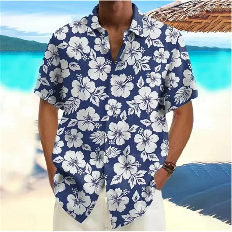 Men\'s Summer Hawaiian Shirt Casual Shirt Beach Oversized 6XL Short Sleeve Floral Print Lapel Button Down Resort Shirt