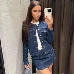 PB&ZA 2024 Spring New Women's Fashion temperament casual versatile denim jacket jacket jacket work mini skirt set