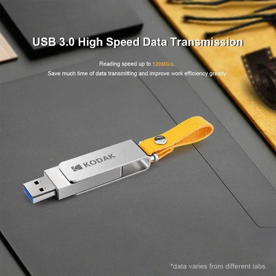 Kodak แฟลชไดร์ฟโลหะ USB3.1 64GB 128GB สายคล้อง256GB ไดรฟ์ปากกาไดรฟ์หน่วยความจำแบบพกพา U Disk รองรับ3D พิมพ์ชื่อของขวัญ