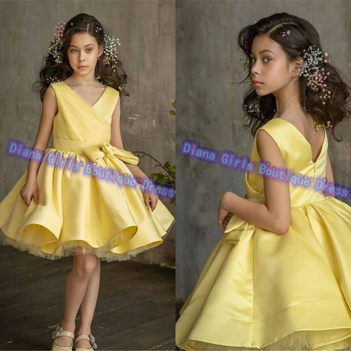 Customised Lovely Yellow Flower Girl Dress Fluffy Satin for Wedding Girls Birthday Party Banquet Little Princess Christmas Gowns