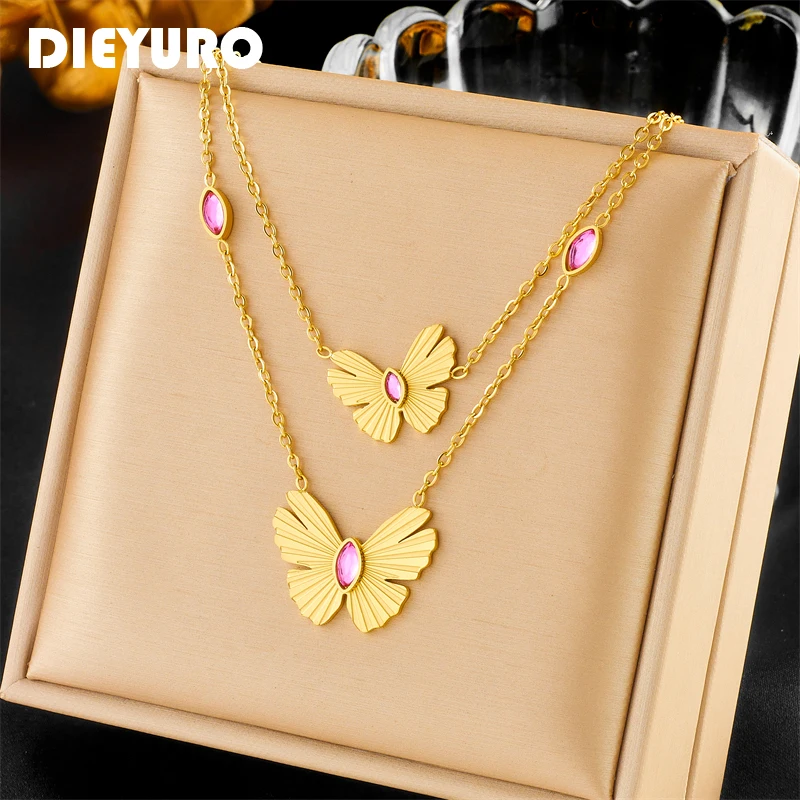 DIEYURO 316L Stainless Steel Butterfly Pink Crystal Pendant Necklace Fashion High Quality Neck Chain Jewelry For Women Bijoux