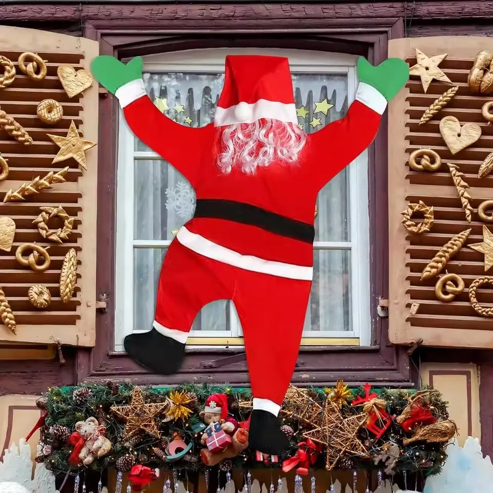 1.7M Santa Claus Plush Suit Climbing Window Balcony Roof Chimney Hanging, 2024 Merry Christmas Gift Holiday Decoration Hanging
