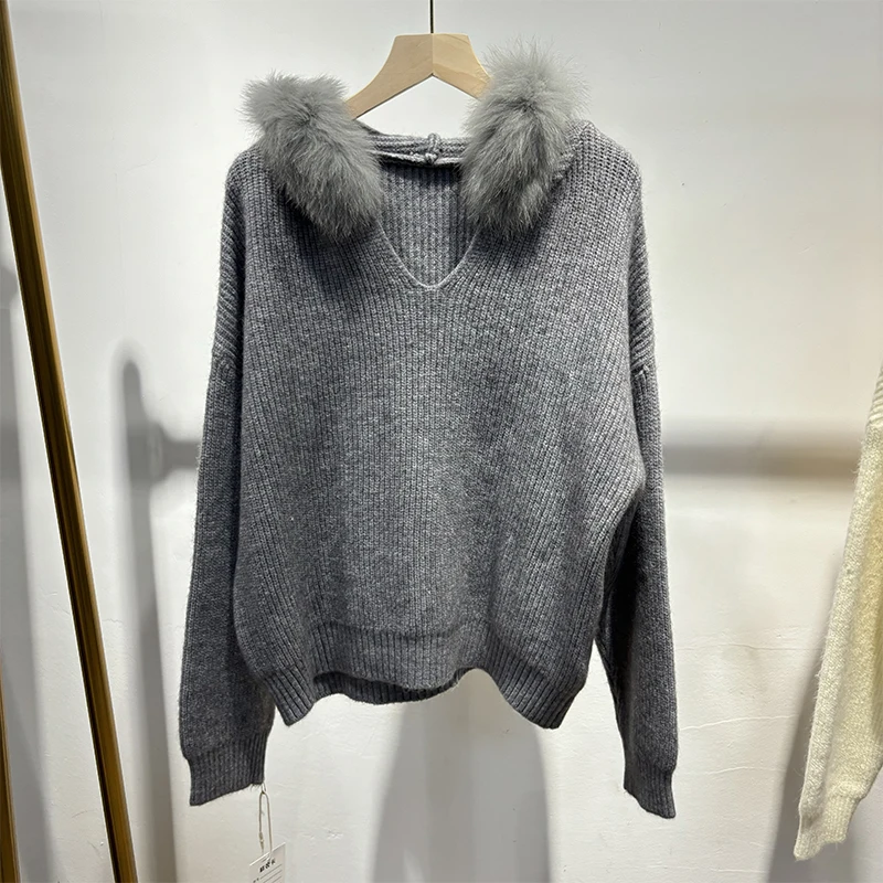 2025 Hot Sale Girl Winter Pink Real Fox Fur Thick Knitted Hoodie Sweater Loose Female Grey Sweater Hooded Jacket Coat
