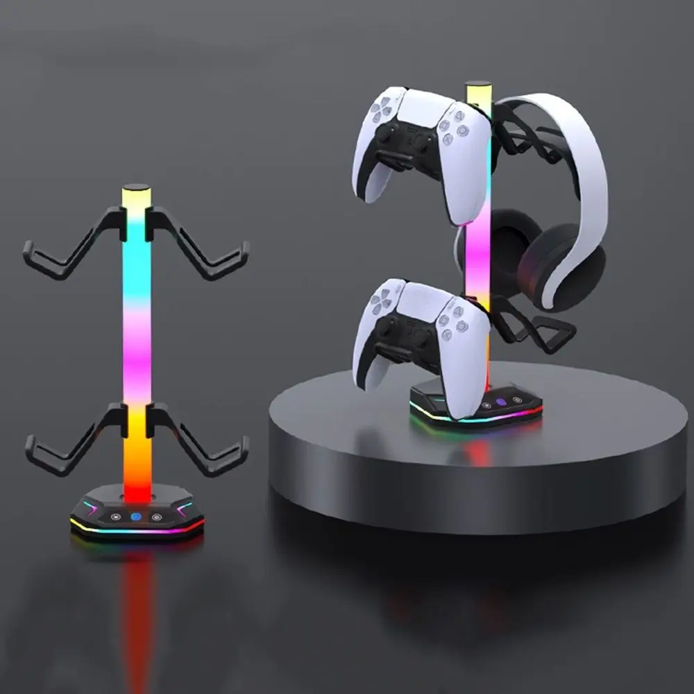 Black RGB Earphone Hanger Dual USB Ports Data Transmission Headphone Bracket LED Lighting Gaming Headset Display Rack Desk
