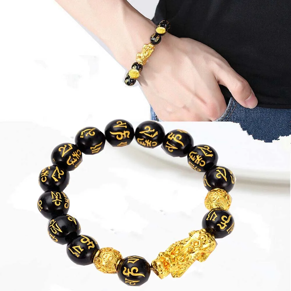 Fashion Jewelry New Men Attract Wealth Feng Shui Pixiu Good Luck Bangle Wristband Bracelets Obsidian Stone Beads