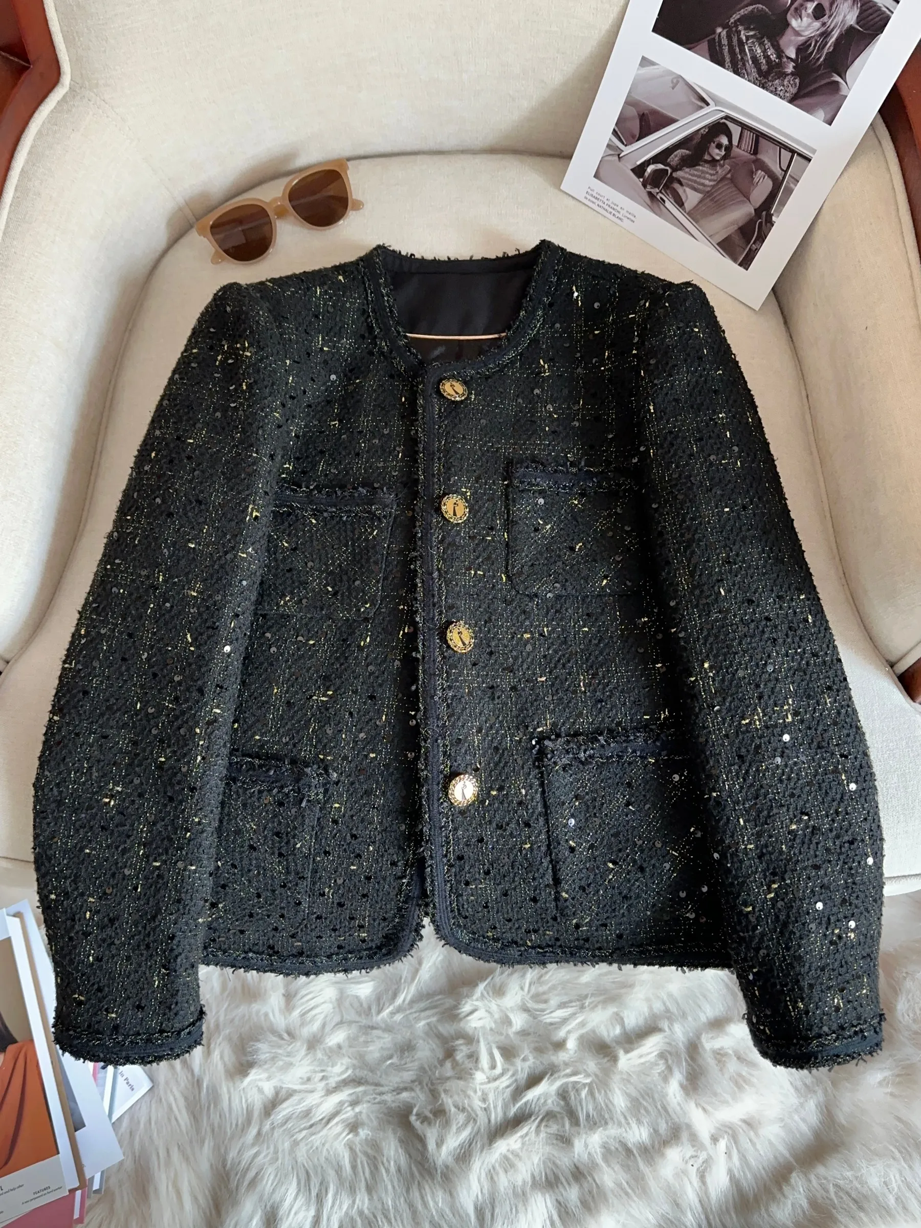 

Ele Bla Mixed Yarn Knitted Slimming Faionable Outerwear for Women Commute Sle Loose Fit Long Sve round Ne