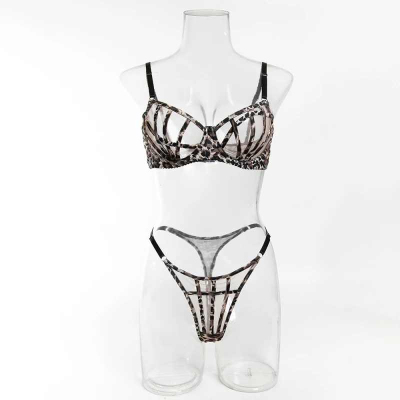 Sexy ultra-thin hollow leopard print bikini with underwire bra and swimsuit two-piece set