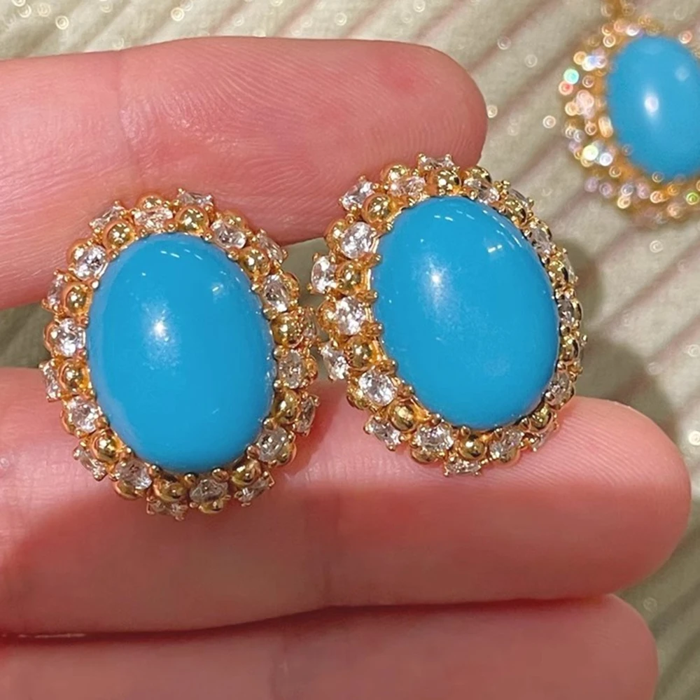 KQDANCE Solido Argento 925 Zircone Sintetico Taglio Uovo Blu Turchese Orecchini Placcato Oro Gioielleria Raffinata Per Le Donne Regali di Anniversario