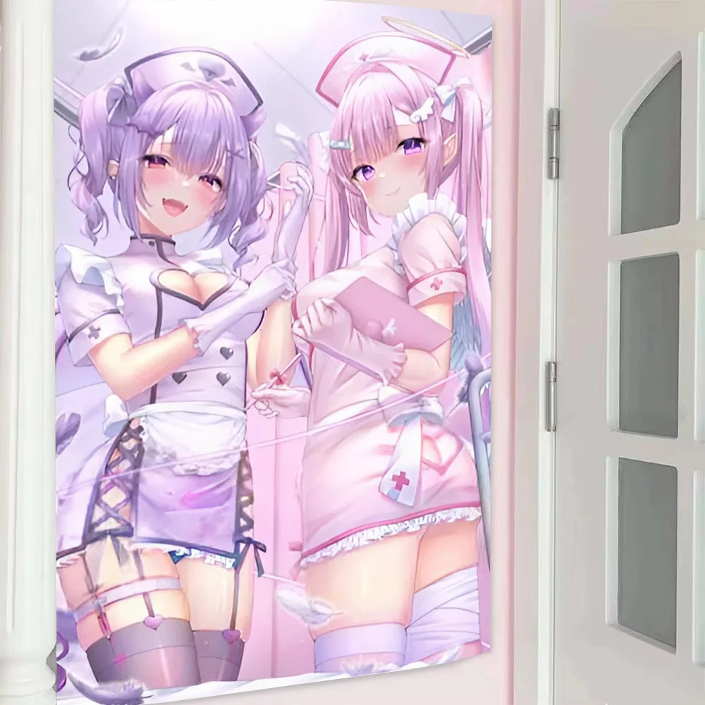 1pc Twin Purple Pink Hair Nurse Girls Anime Tapestry Pink Hospital Kawaii Wall Art Aesthetic Room Decor Bedroom Dorm Cute Girl