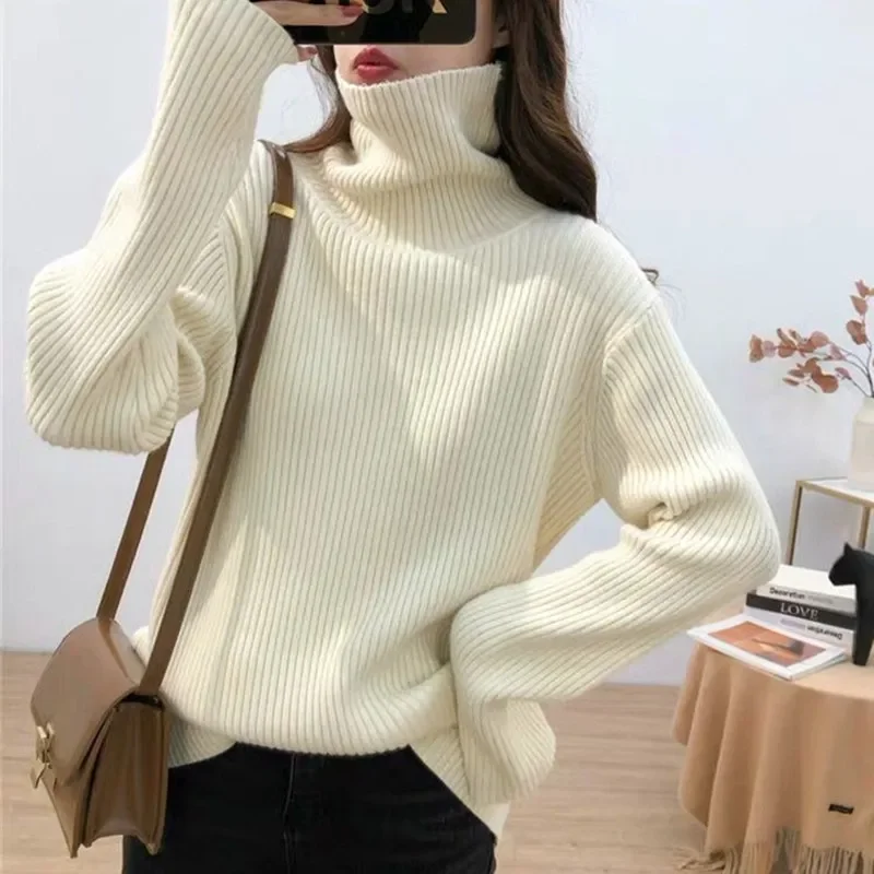 

Autumn Winter Streetwear Solid Color Women Knitted Sweaters 2024 Oversize Long Sleeve Loose Y2K Female Fashion Turtlenck Sweater