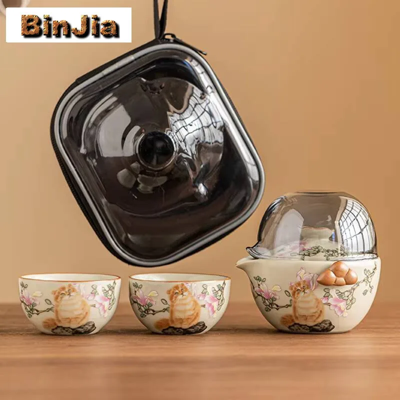 

Ручная роспись цветок магнолии, милый кот, дорожный чайный сервиз, набор ручной работы, 1 горшок, 2 чашки, органайзер для приготовления чая, портативные уличные пакеты