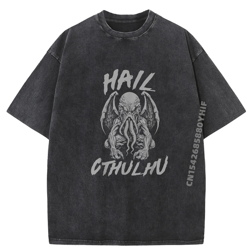 

Hail Cthulhu Horror Legend Monster Harajuku Oversized T Shirt Vintage Washed Shirt Mens Graphic Tshirt
